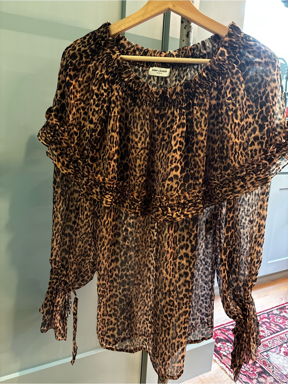 Saint Laurent Paris YSL Leopard Ruffle Chiffon Blouse